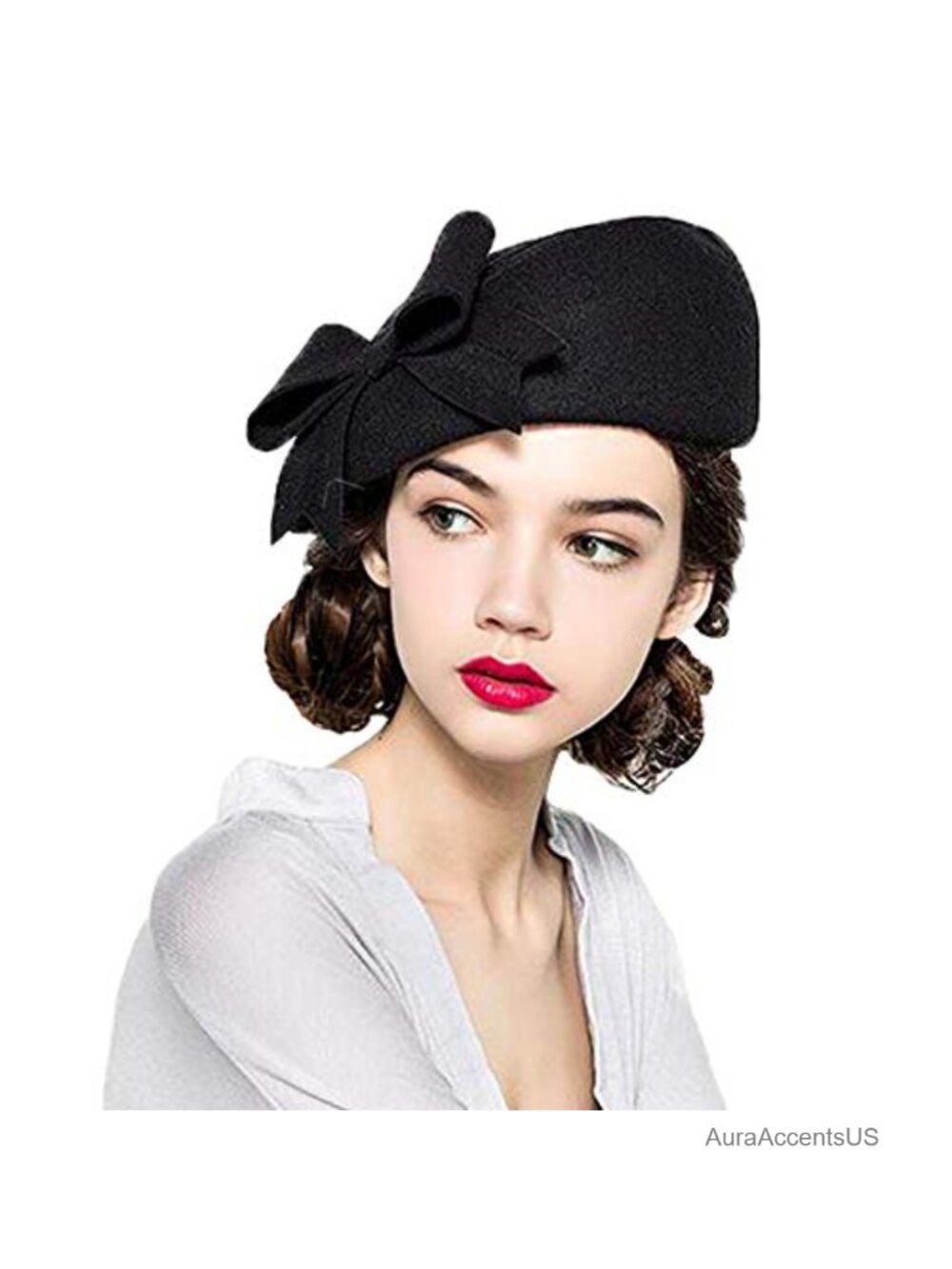 Women's 100% Australian Wool French Beret Hat with Bowknot, Adjustable Vintage